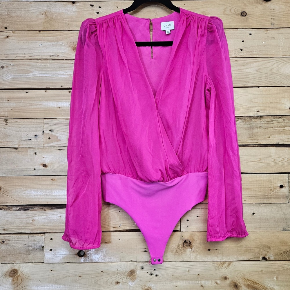 CAMI NYC Pink Silk Surplice Wrap Long Sleeve Bodysuit Fuchsia Medium M